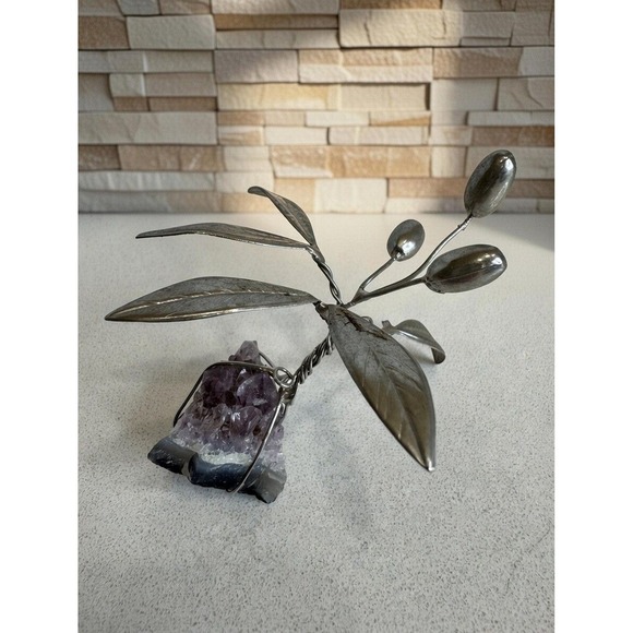 Amethyst Crystal Metal Olive Branch Sculpture Tree Art Piece Parts Repair - Picture 1 of 9